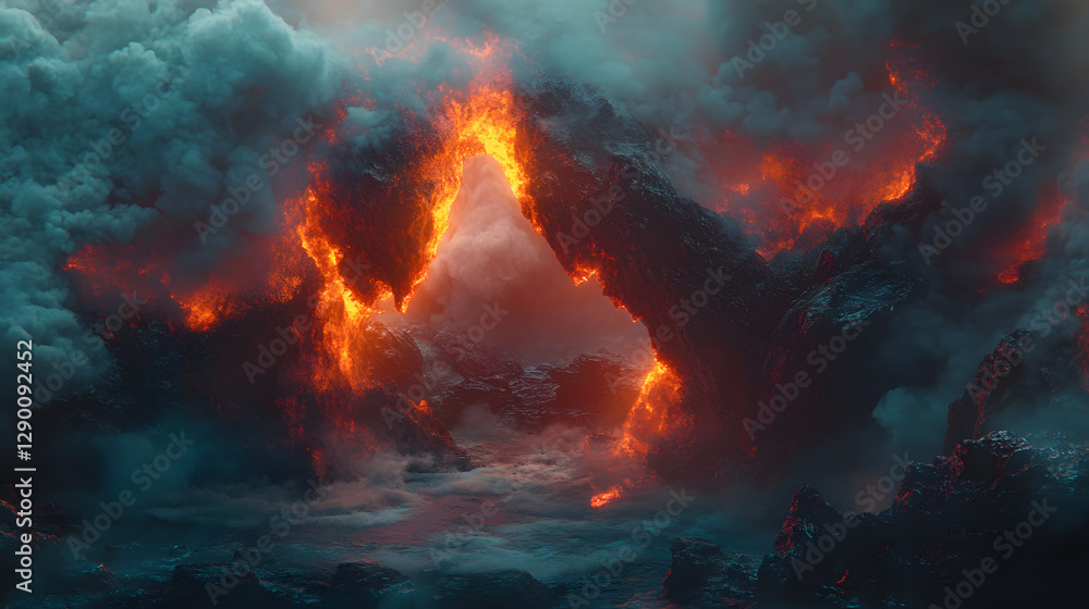 Fototapeta premium Large lava flow with molten lava and lava rocks in the center of the scene