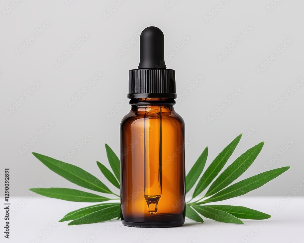 An amber dropper bottle placed on a surface with green leaves, suggesting natural remedies or essential oils. An amber dropper bottle placed on a surface with green leaves, suggesting natural remedies or essential oils.