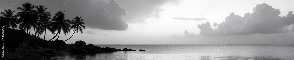Fototapeta premium Stark silhouettes of palms at waters edge; dramatic black and white image , tropical plants, nature, beach