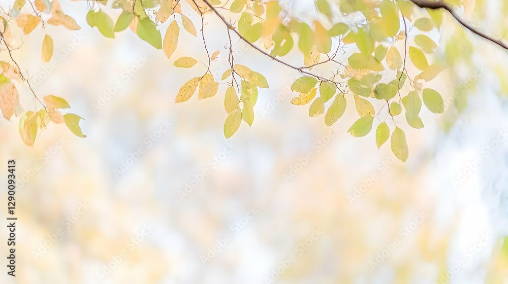 Serene autumnal branch with pale yellow-green leaves against a soft-focus background. Perfect for nature, calm, and seasonal themes.