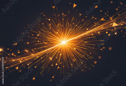 Explosion of golden sparks radiates outward from a central point, illuminating the dark surroundings with energy and brilliance, creating a lively atmosphere