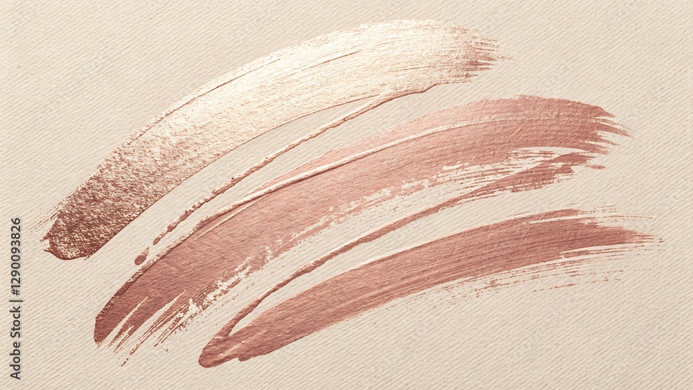 Fototapeta premium Rose Gold Foil Brush Strokes on a Light Beige Canvas with a Minimalist Touch Perfect for beauty branding, event invitations, social media templates, and fashion marketing,