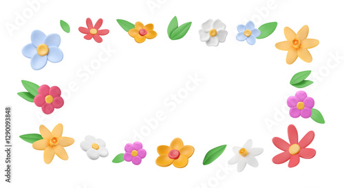 Frame of 3d plasticine flowers buds and leaves. Colorful summer plants in border composition. Vector illustration with cope space. Garden elements. Abstract spring background. Nature pattern.