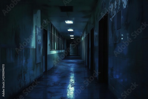 Wallpaper Mural eerie anime hallway stretches into shadow, cracked tiles gleam under flickering lights, hinting at secrets in a forsaken school night. Torontodigital.ca