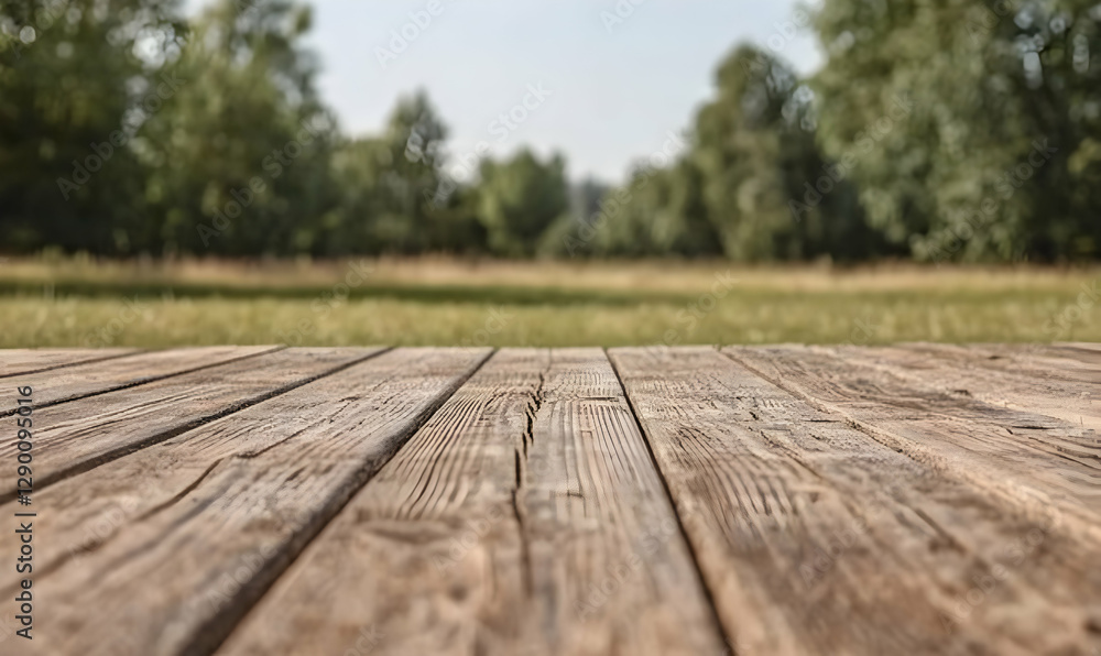 Fototapeta premium Rustic wooden planks close-up, blurred green field background; perfect for product displays or nature themes.