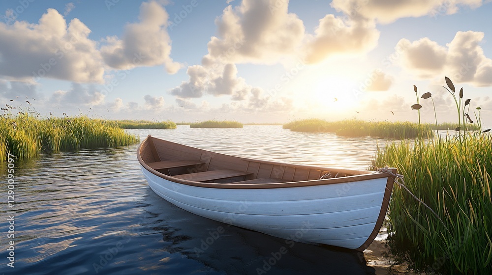 Tranquil white rowboat on serene lake at sunrise Tranquil white rowboat on serene lake at sunrise