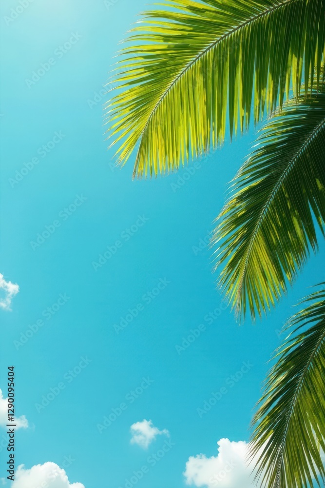 Naklejka premium Sun-drenched palm fronds, vibrant green against a cloudless azure sky , texture, tropical background