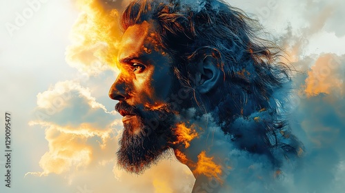 portrait of a lion and jesus in double exposure in the clouds digital painting