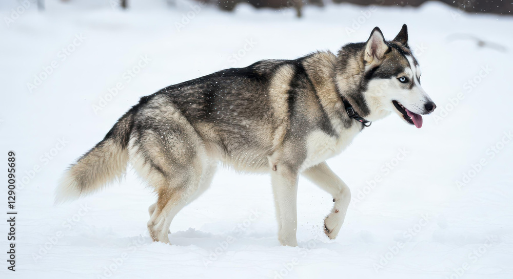 Naklejka premium Siberian Husky Dog Walking in Snowy Winter Landscape