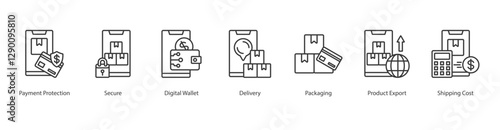 Service Provisioning Icon Sheet payment protection, secure, digital wallet, delivery, packaging, product export, shipping cost