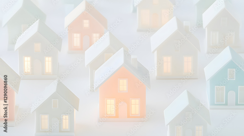 Miniature white house models in various colors, creating serene and whimsical atmosphere. soft glow from windows adds warm touch to scene Miniature white house models in various colors, creating serene and whimsical atmosphere. soft glow from windows adds warm touch to scene