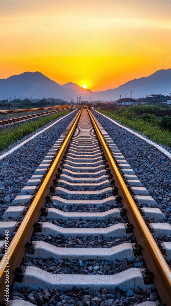 Fototapeta premium Scenic train track meandering through landscape with a beautiful sunset casting golden hues on the horizon