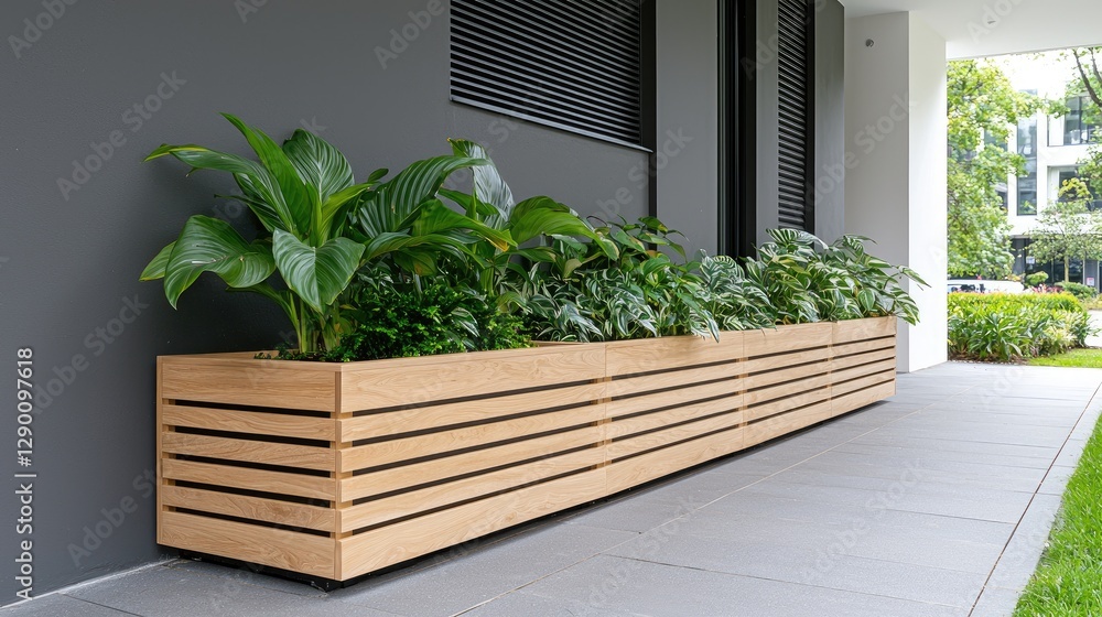 Fototapeta premium Modern apartment building, long wooden planter box, lush greenery, paved walkway