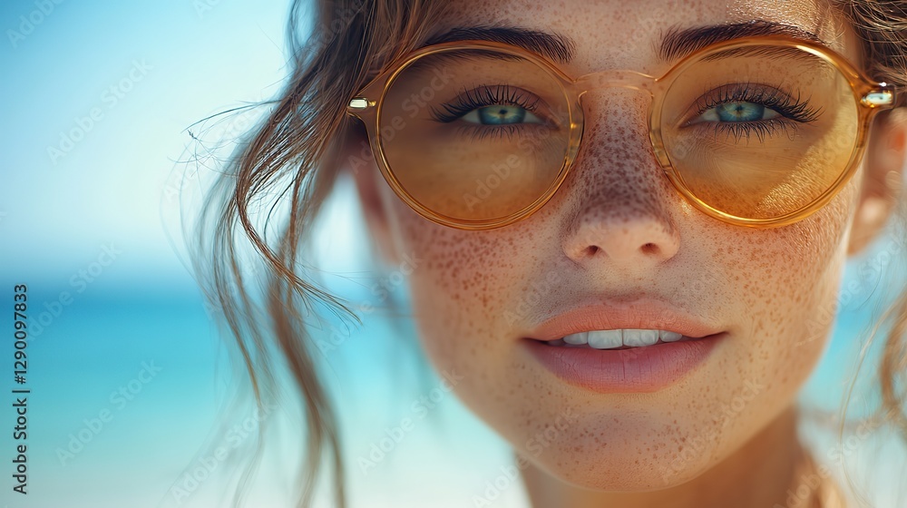 portrait of a young woman with freckles in sunglasses on the beach summer vibes portrait of a young woman with freckles in sunglasses on the beach summer vibes