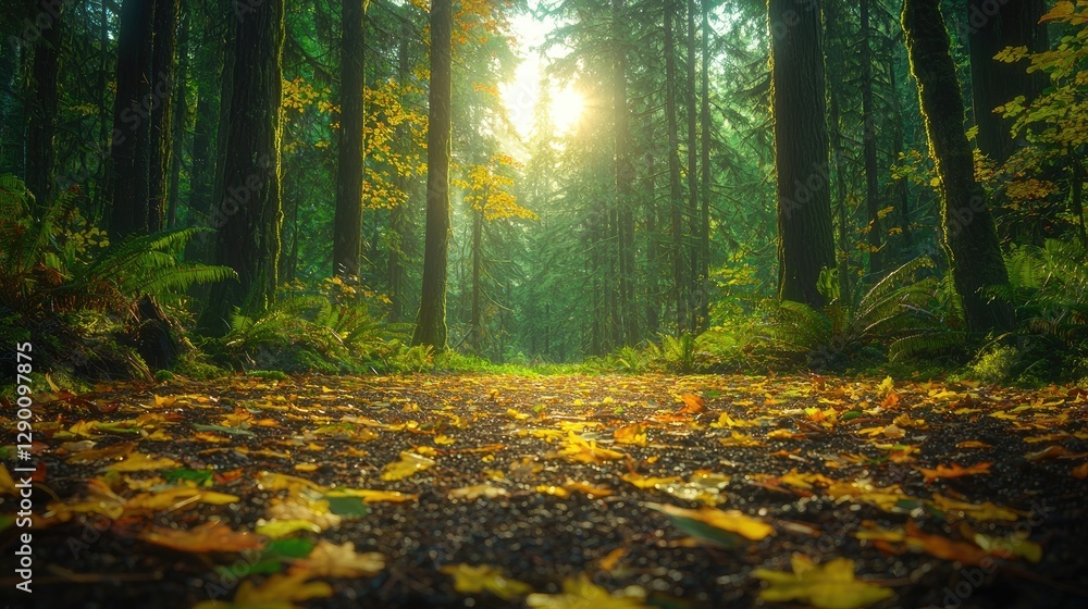 Fototapeta premium Autumn path through sunlit forest