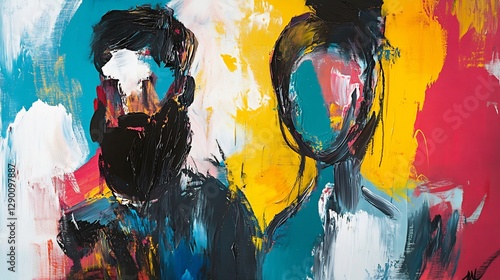 Adam Eve in an abstract expressionist painting with bold colors and dynamic brushstrokes