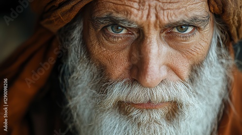portrait of an old patriarch with a long white beard and mustache in a brown turban biblical character
