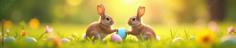 Fototapeta premium Two charming rabbits share colorful eggs in a sunny spring meadow , springtime, bunny, rabbits