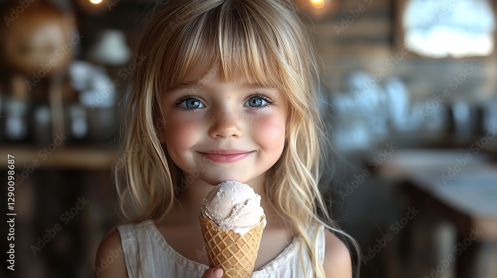 portrait of cute little blonde girl eating ice cream in waffle cone portrait of cute little blonde girl eating ice cream in waffle cone
