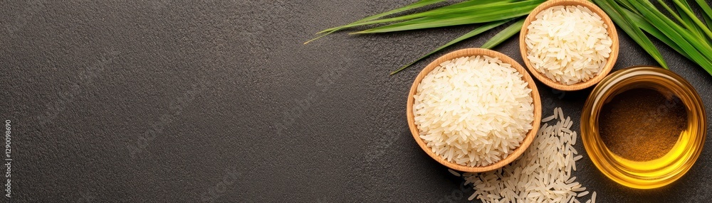 Elevated Still Life of Rice in Wooden Bowls and Oil on a Dark Slate Background with Green Leaves Elevated Still Life of Rice in Wooden Bowls and Oil on a Dark Slate Background with Green Leaves