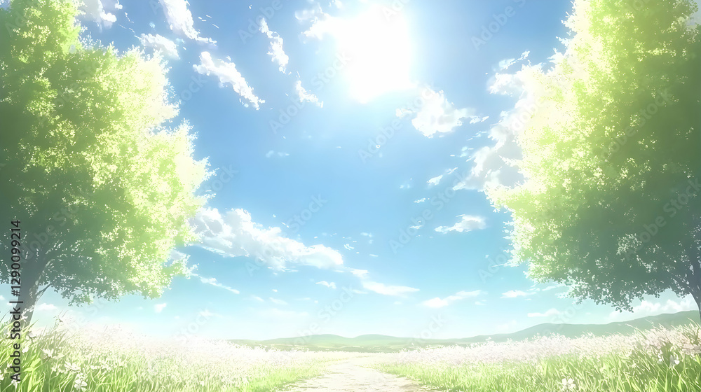 Serene landscape featuring a sunlit path through a field of wildflowers, framed by lush green trees under a bright blue sky. Ideal for illustrating peace, tranquility, and nature's beauty. Serene landscape featuring a sunlit path through a field of wildflowers, framed by lush green trees under a bright blue sky. Ideal for illustrating peace, tranquility, and nature's beauty.