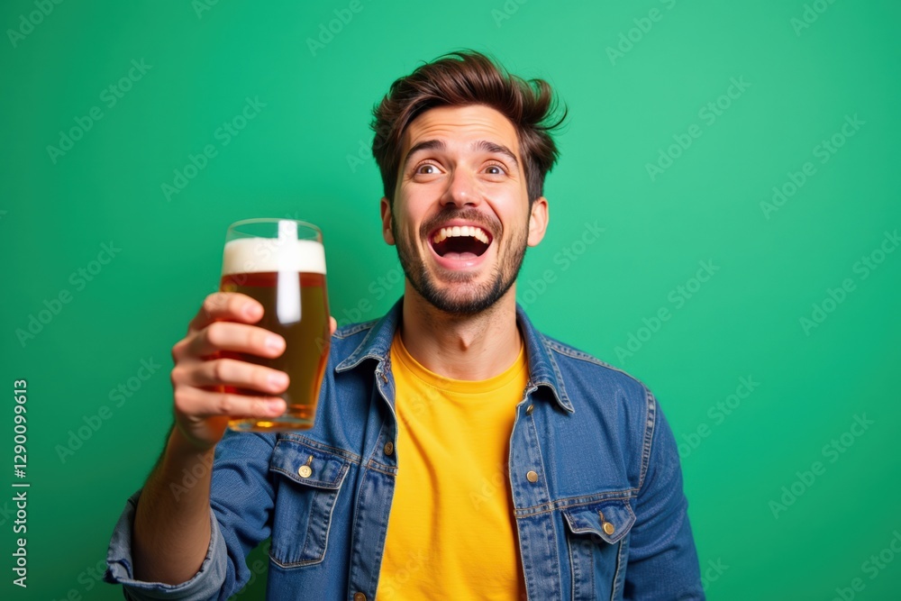 Cheerful Young Adult Male Holding a Pint of Beer Against a Vibrant Green Background, Smiling Enthusiastically and Exuding Joy and Celebration Cheerful Young Adult Male Holding a Pint of Beer Against a Vibrant Green Background, Smiling Enthusiastically and Exuding Joy and Celebration