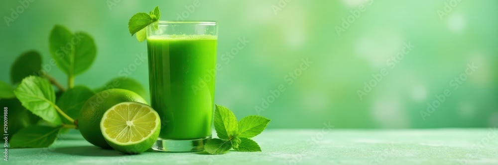 Vibrant green juice in glass bottle, fresh leaves , beverage, nutrition, recipe Vibrant green juice in glass bottle, fresh leaves , beverage, nutrition, recipe