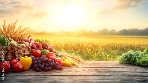 Bountiful Harvest Scene with Fresh Fruits and Grains at Sunset