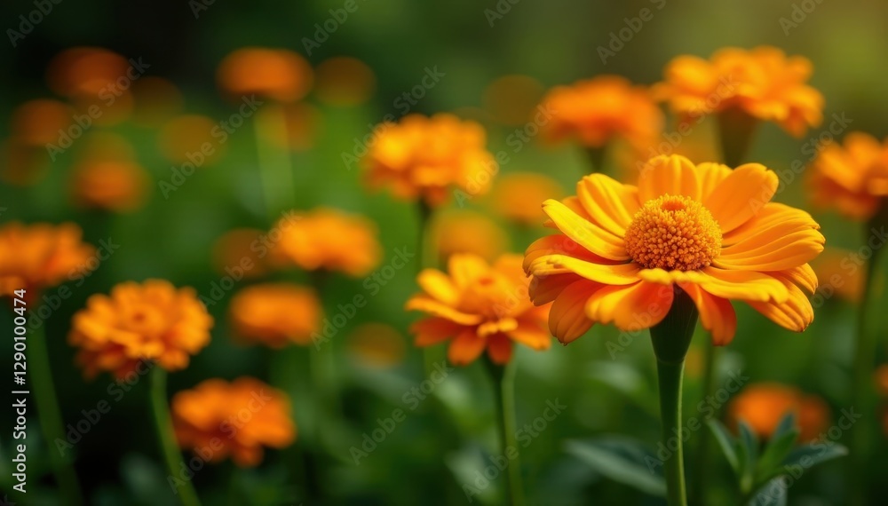 Vibrant orange calendula blossoms in a lush garden bed, herbal, nature, plant Vibrant orange calendula blossoms in a lush garden bed, herbal, nature, plant