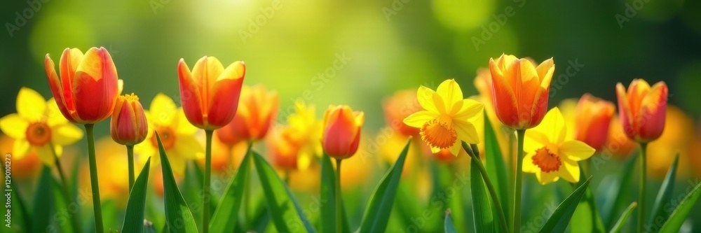 Vibrant tulips, daffodils burst forth against lush green backdrop, season, flora Vibrant tulips, daffodils burst forth against lush green backdrop, season, flora