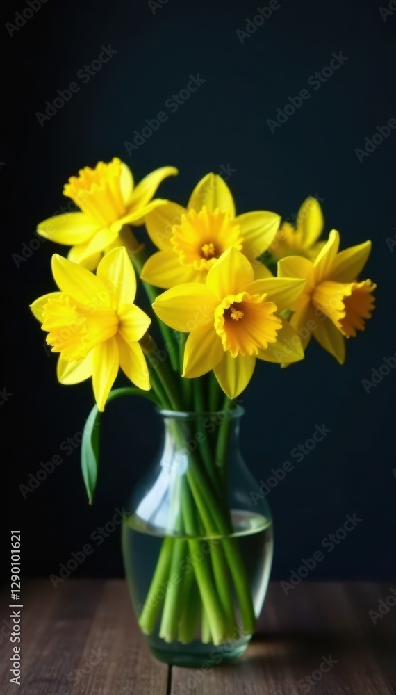 Fototapeta premium Vibrant yellow daffodils cluster in a glass vase, dark backdrop , outdoor, photography