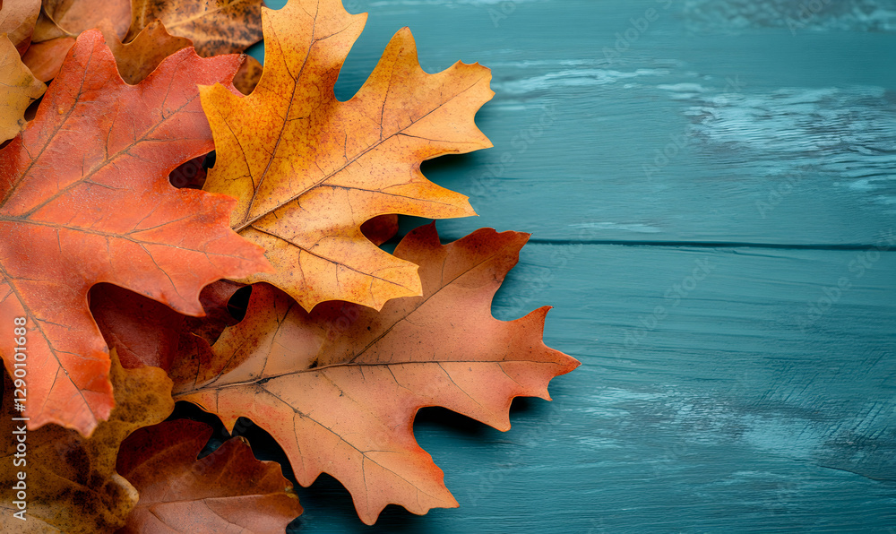 Obraz premium Autumnal oak leaves on a teal wooden background. Perfect for fall-themed designs, cards, or blogs.