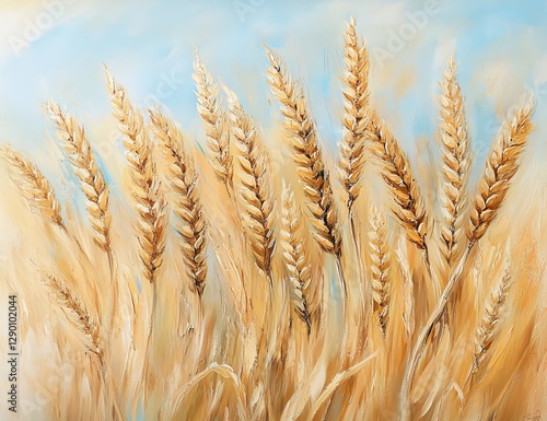 Painted golden wheat field against a light sky photo