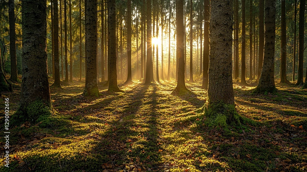 Obraz premium Sunlit Forest: Golden Rays & Mossy Ground