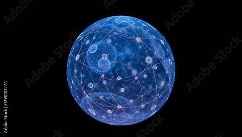 Abstract 3D Technology Network Sphere: Glowing Blue Connections in Digital Science and Networking Visualization