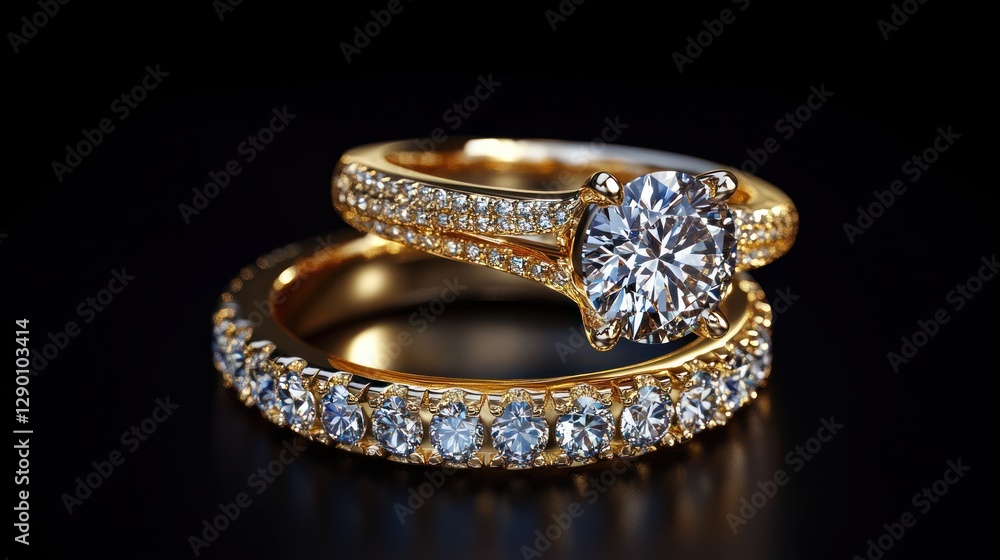 Elegant gold rings with sparkling diamonds on black background Elegant gold rings with sparkling diamonds on black background