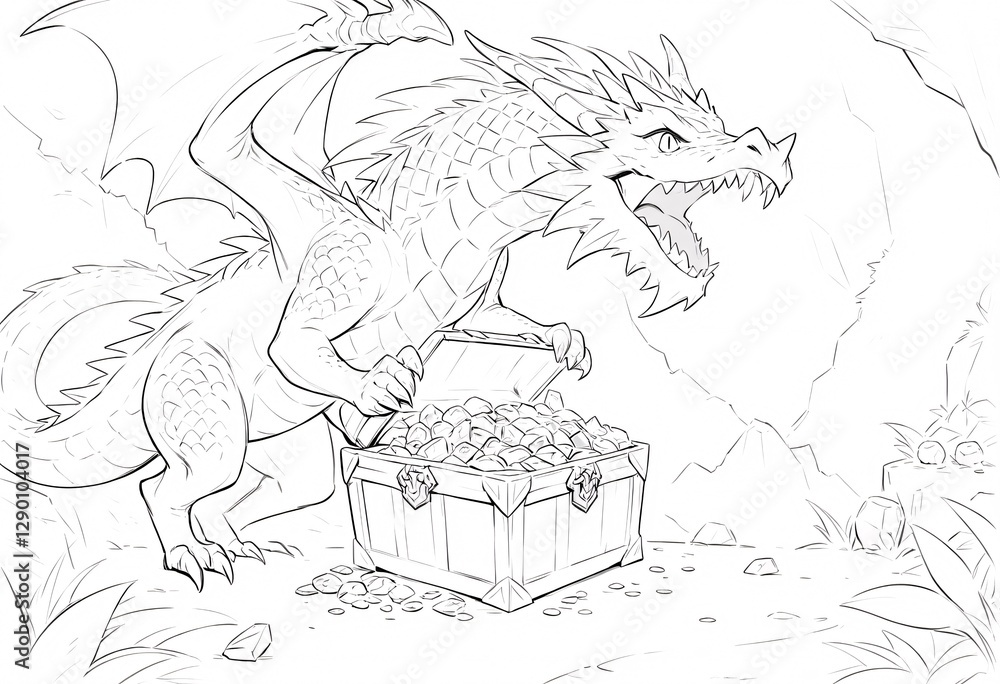 Naklejka premium Cartoon Dragon Opens a Treasure Chest Filled with Gems. A whimsical black and white illustration of a dragon opening a treasure chest overflowing with gems