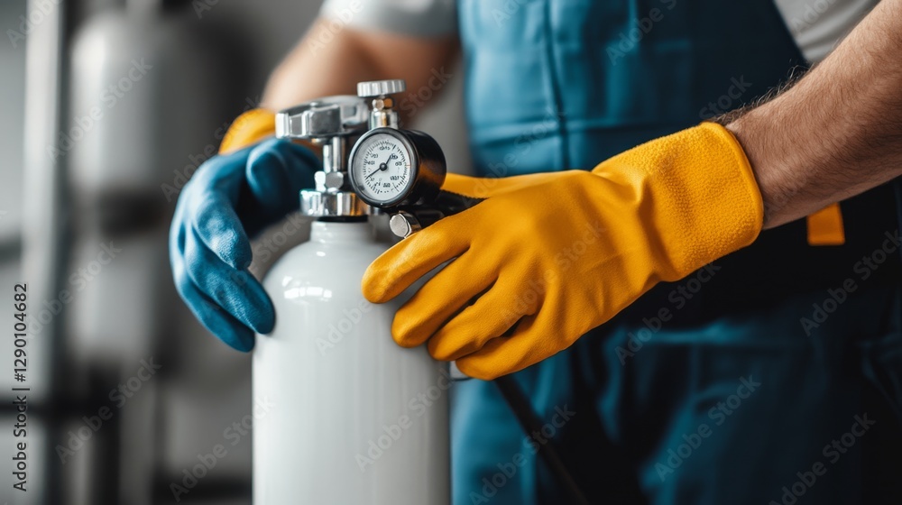 Close-up of hands in deep blue and golden yellow gloves, adjusting the dial on a chemical sprayer, strong lighting making measurement details clear, Close-up of hands in deep blue and golden yellow gloves, adjusting the dial on a chemical sprayer, strong lighting making measurement details clear,