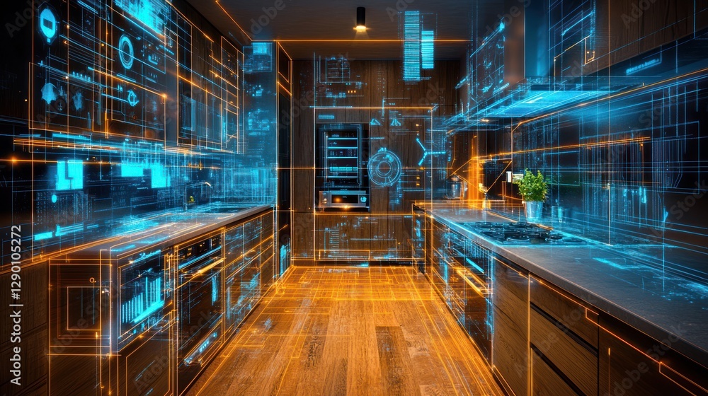 Fototapeta premium Smart kitchen interior design with holographic interface.