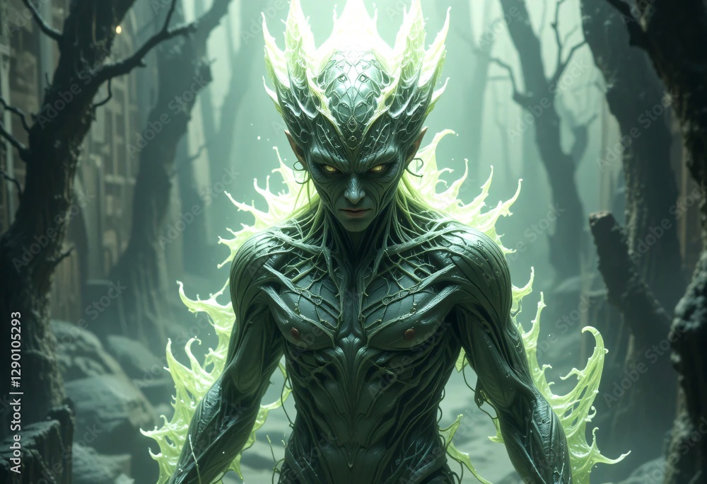 Fototapeta premium Enigmatic Green Forest Creature in a Mysterious Setting. A striking digital illustration of a stylized otherworldly creature likely a fantasy character or monster