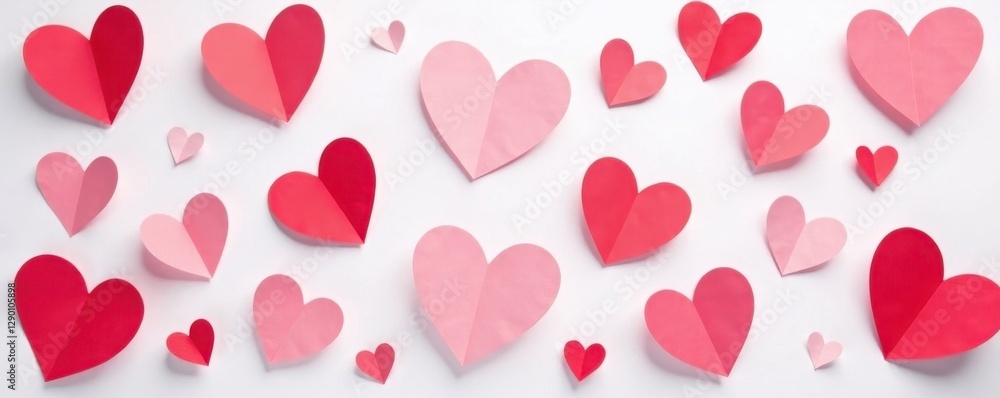 Neatly arranged paper hearts, clean white backdrop, Valentine's Day , sweet, romantic Neatly arranged paper hearts, clean white backdrop, Valentine's Day , sweet, romantic