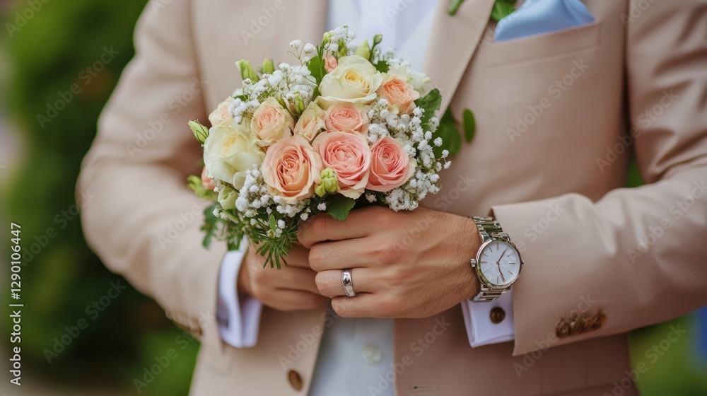 Groom holding a bouquet of roses at an outdoor wedding Groom holding a bouquet of roses at an outdoor wedding