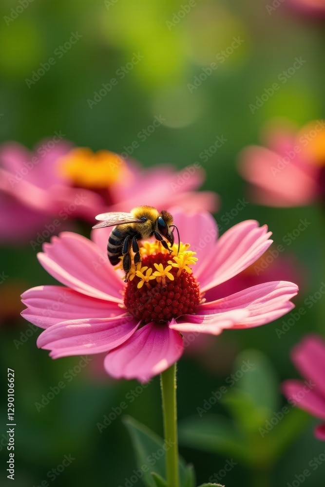 A bee diligently gathers nectar from a vibrant summer bloom , blossom, detail A bee diligently gathers nectar from a vibrant summer bloom , blossom, detail