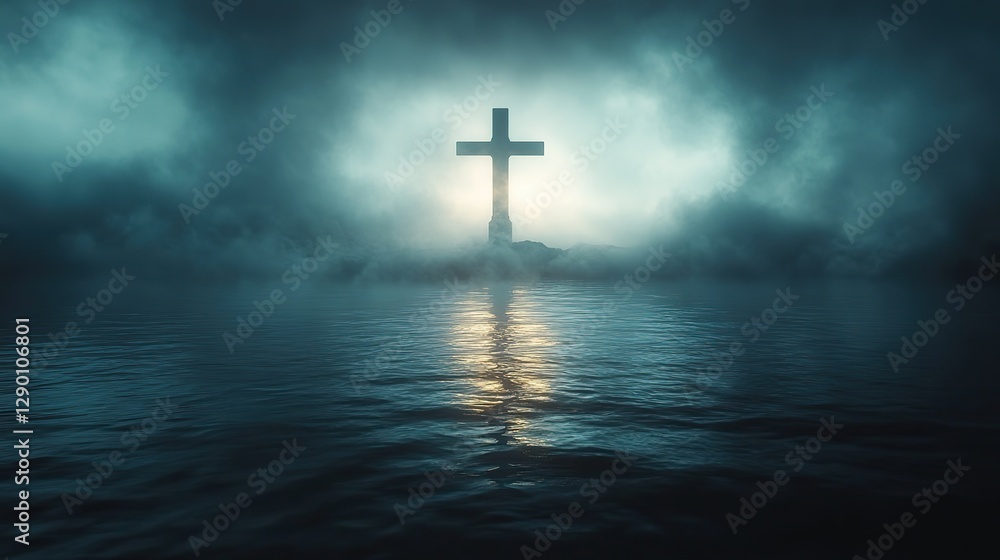 Naklejka premium sacred silence solitary cross framed on the sea stark ethereal foggy background abstract minimalist digital art illustration