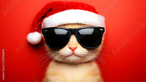 Cool cat wearing Santa hat and sunglasses against a red background. Perfect for Christmas cards, calendars, or social media.