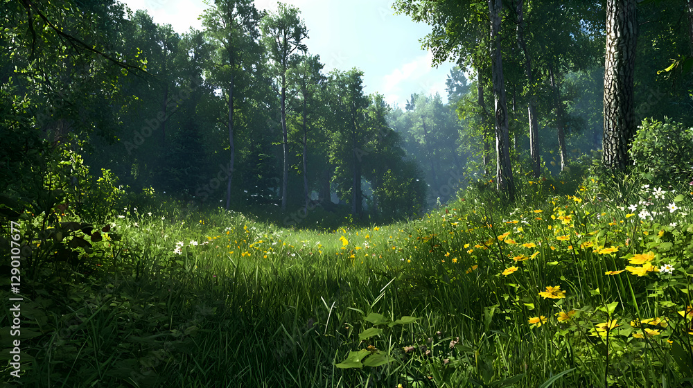 Fototapeta premium Sunlit Meadow Path Through Lush Green Forest