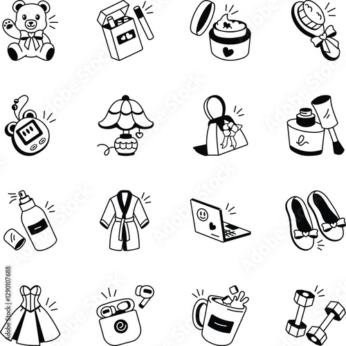Collection of Girl Accessories Doodle Style Icons 


