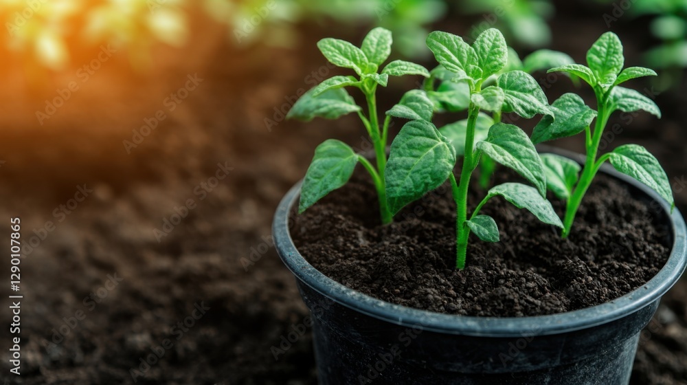 Fresh green seedlings growing in a black pot with rich soil. Fresh green seedlings growing in a black pot with rich soil.