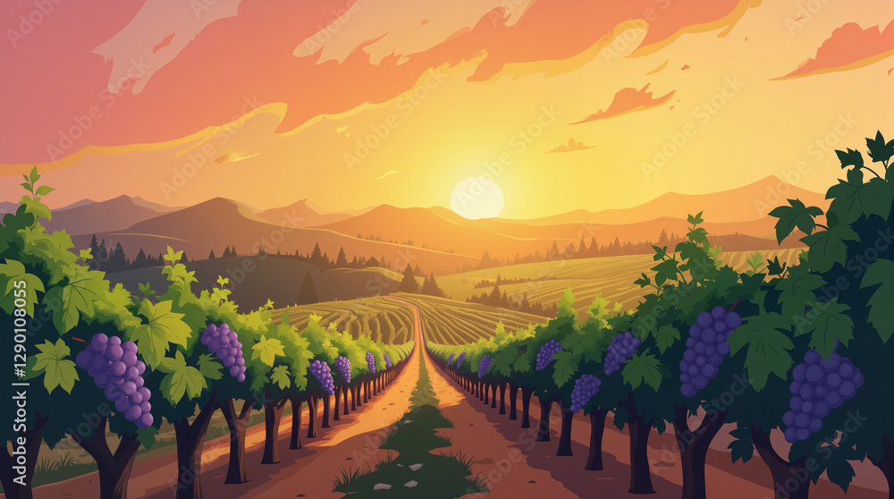 Fototapeta premium Vibrant grapevines at sunset in peaceful vineyard, harvest celebration