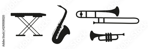 Musical instruments including keyboard, saxophone, trombone, and trumpet displayed together